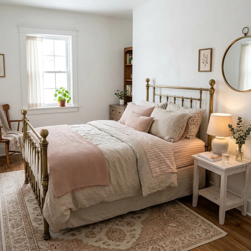 Soft feminine small bedroom featuring a brass metal bed and blush pink layered linens