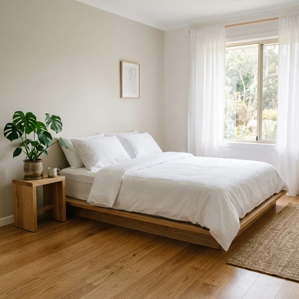 Minimalist small bedroom featuring a low wooden platform bed frame and clean white bedding
