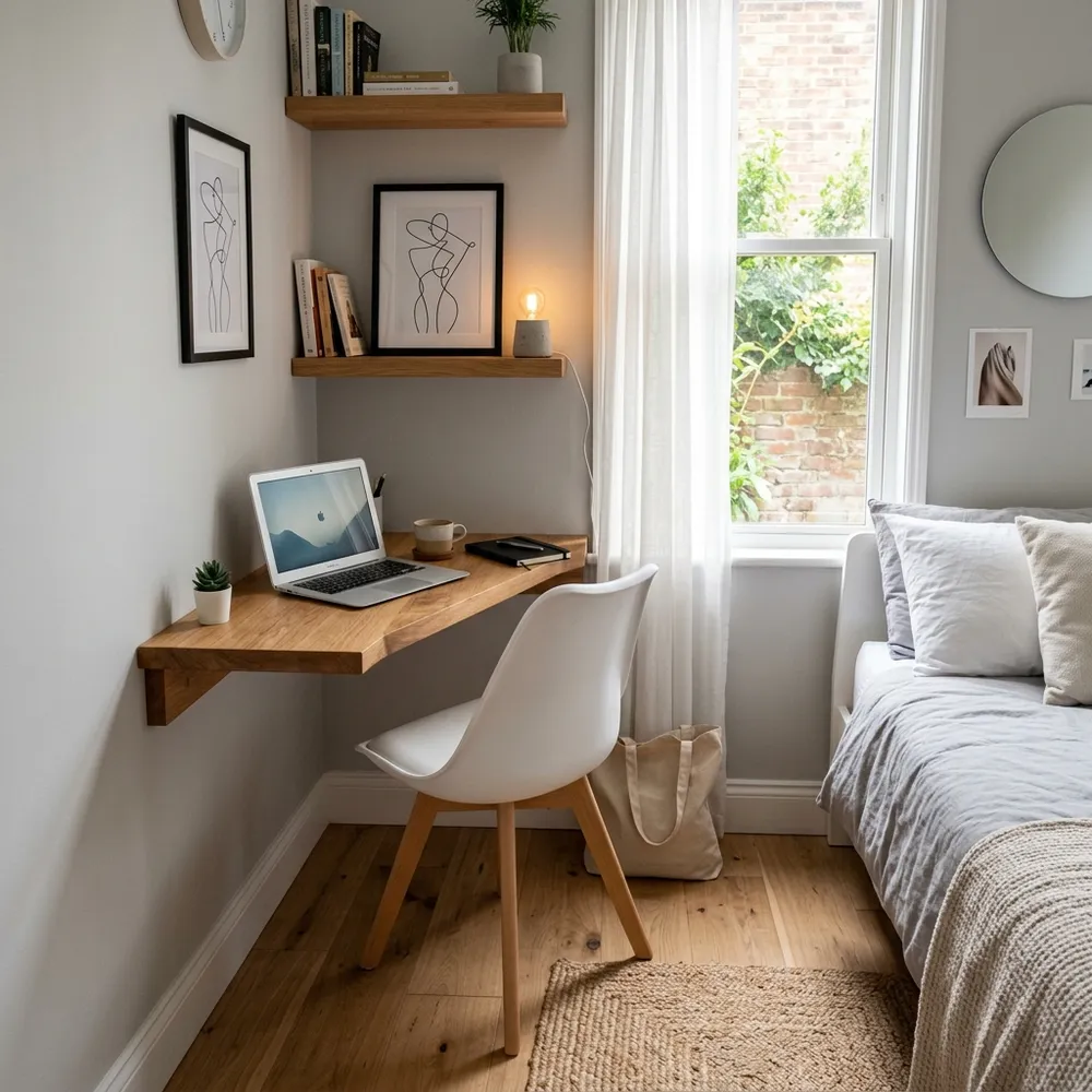 Small bedroom featuring a space-saving floating wooden corner desk and modern white chair