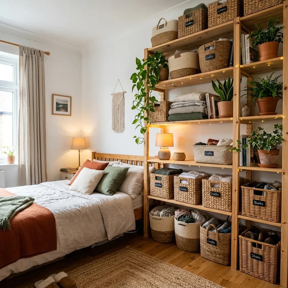 A beautifully styled open shelf in a small apartment kitchen featuring minimalist labeled glass jars and warm brass details.