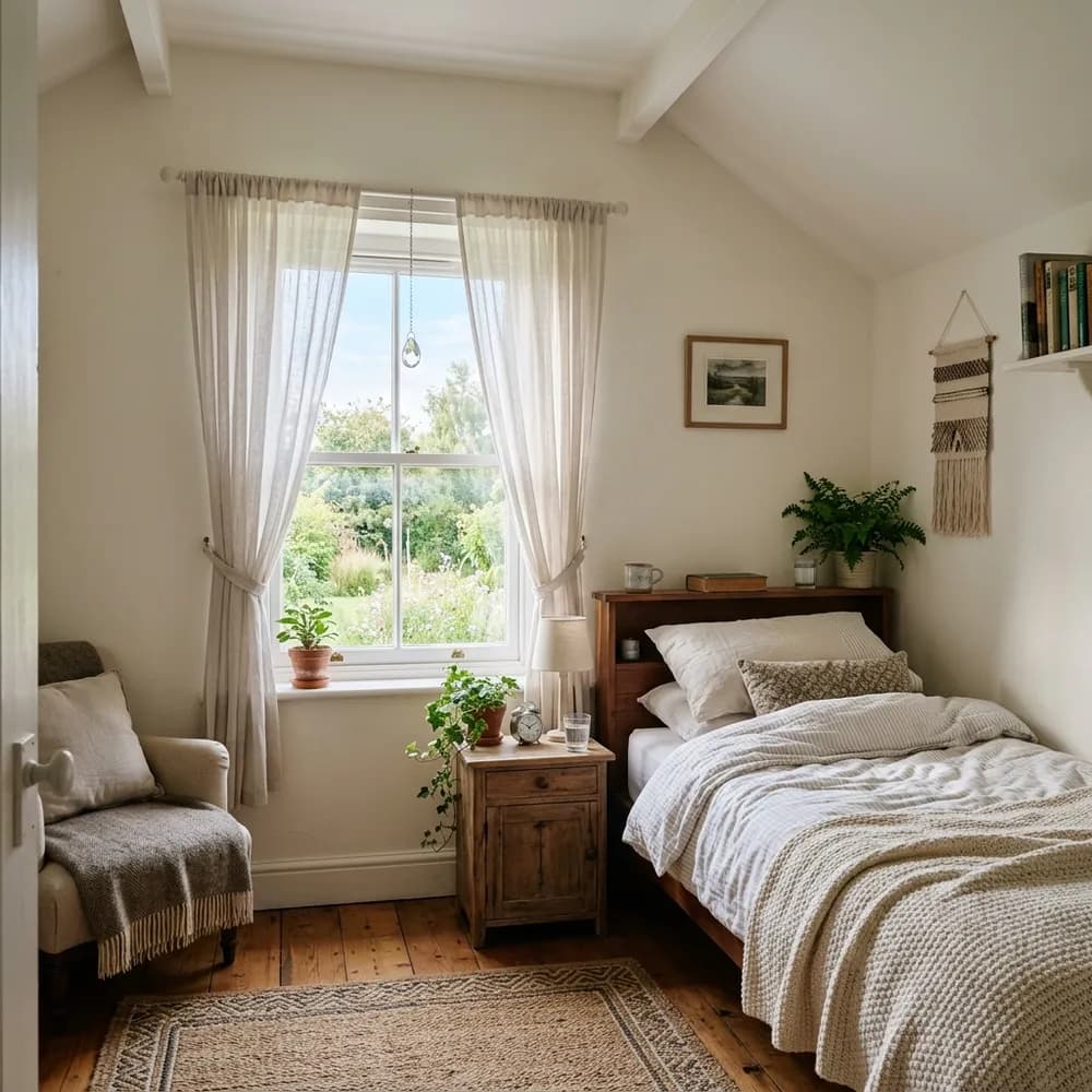 Cozy small bedroom layout optimizing natural light from a single window with sheer drapes