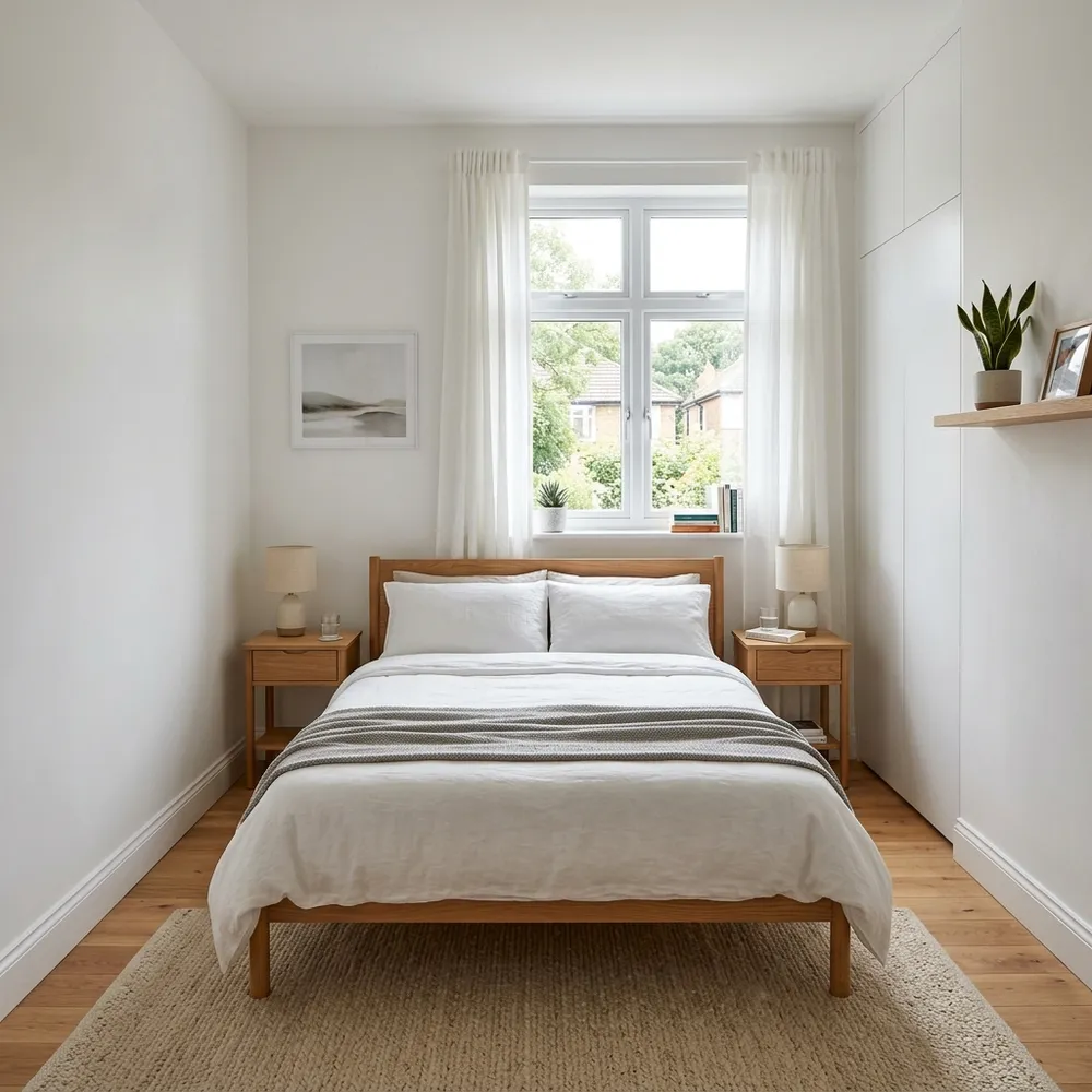 Narrow small bedroom layout highlighting clear walking paths around the wooden bed frame