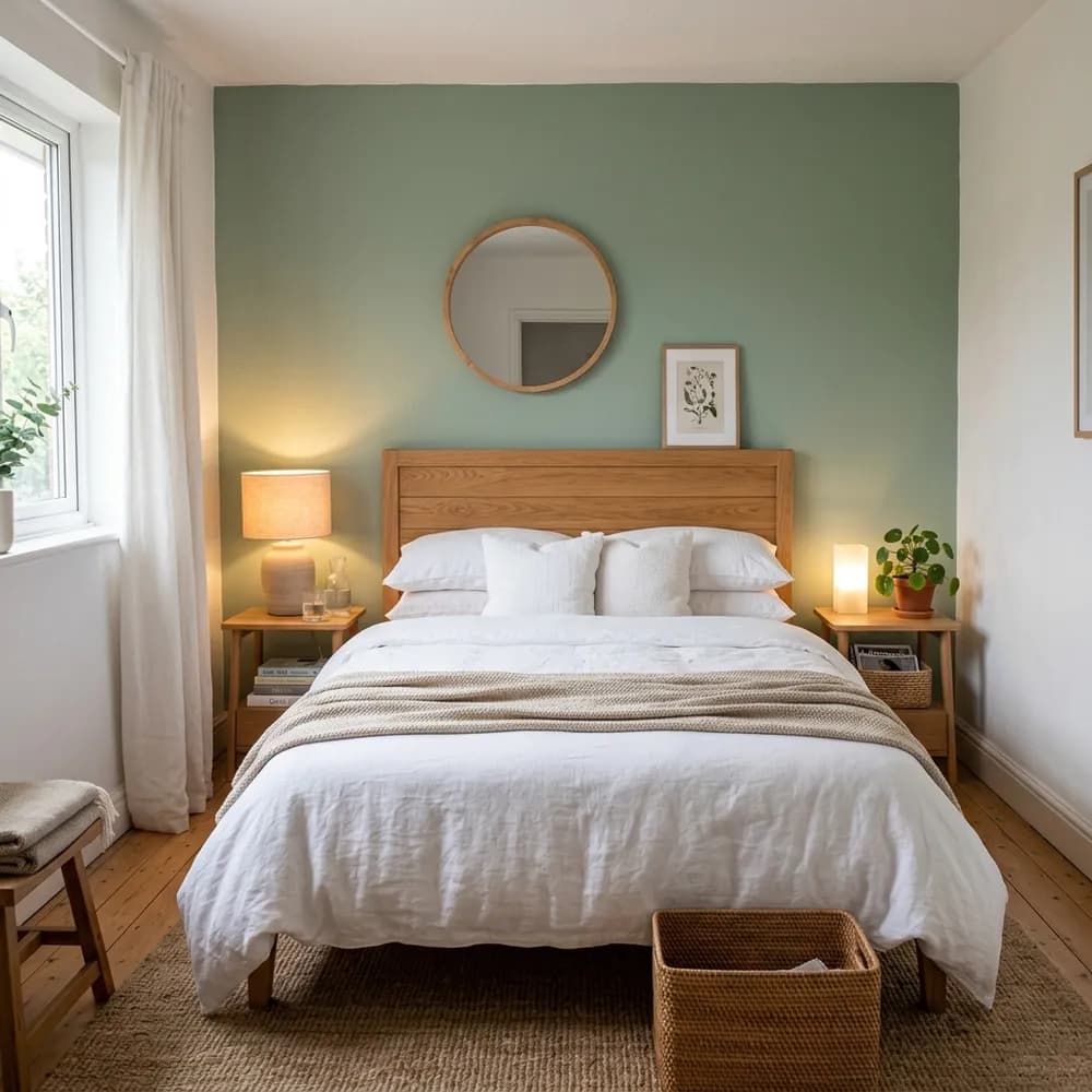 Small bedroom featuring a soft sage green accent wall behind a warm wooden bed frame