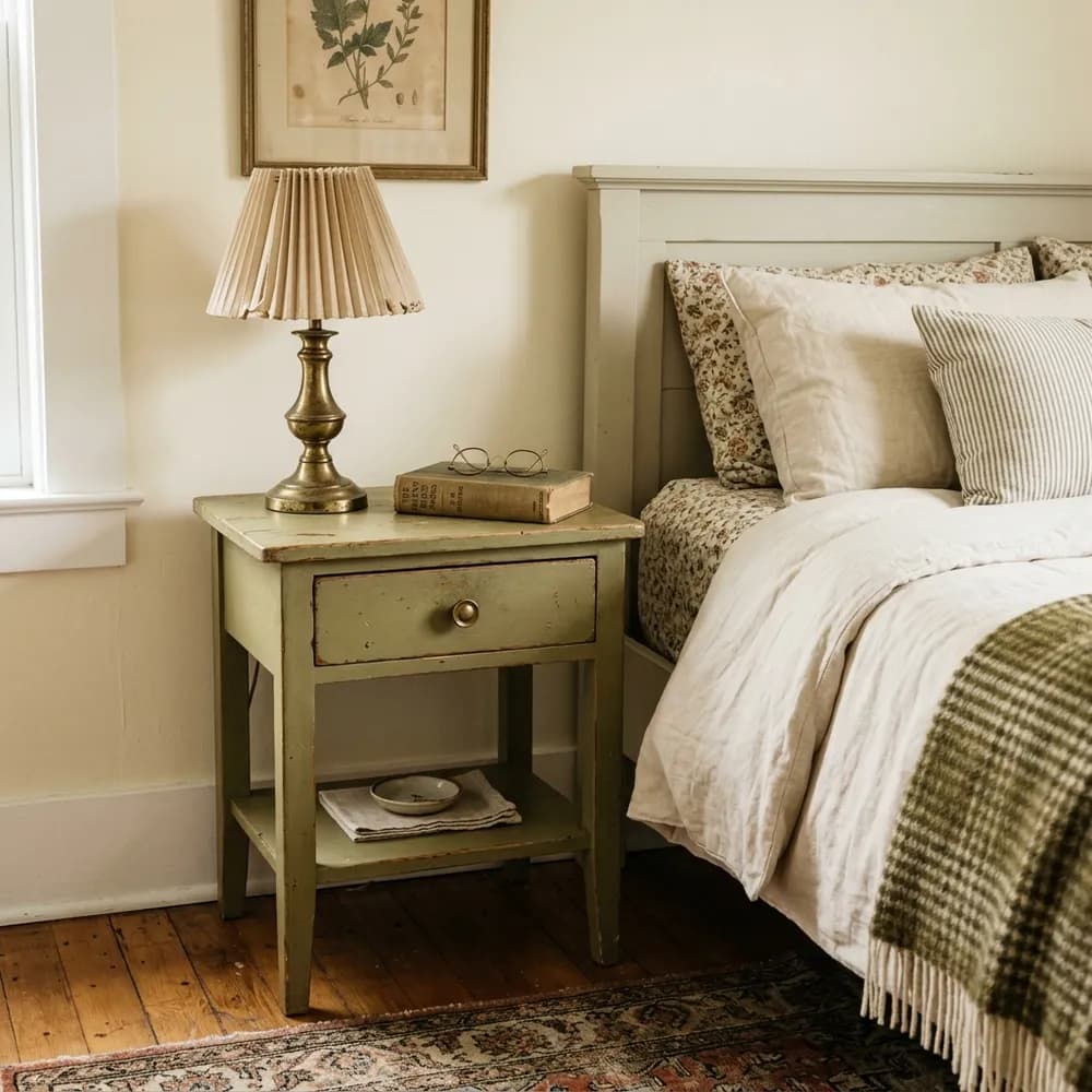 Small cozy bedroom featuring a vintage painted nightstand and thrifted brass table lamp