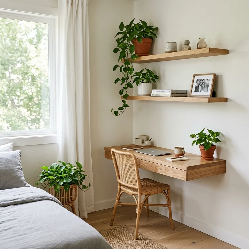 A modern and airy small kitchen featuring clever budget furniture additions like a rolling cart and open shelving.