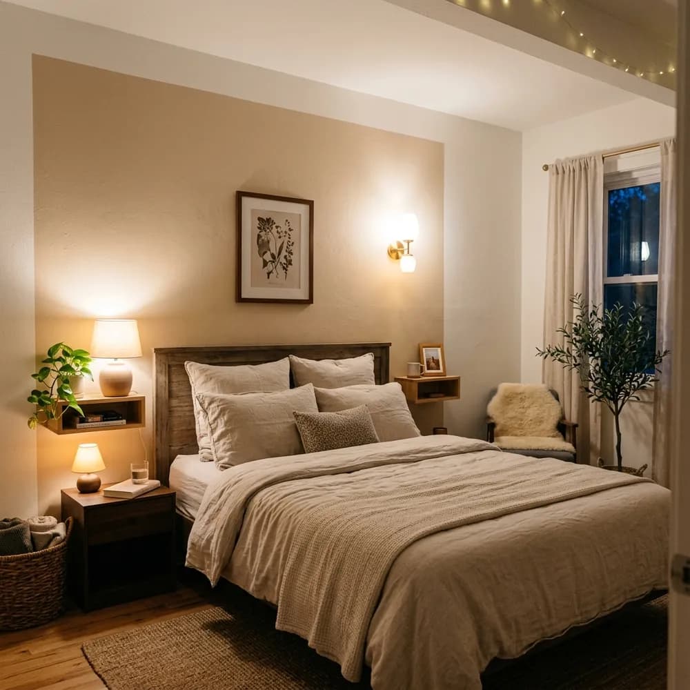 Small bedroom featuring a soft warm beige accent wall and layered natural linen bedding