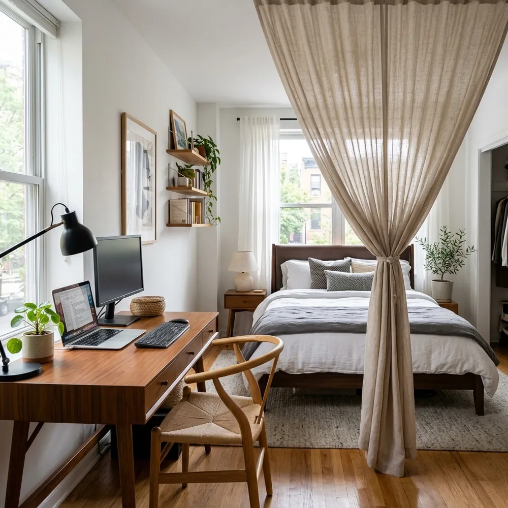 Detailed view of ikea hacks for home offices with built-in bookcase illusions in a compact modern home.