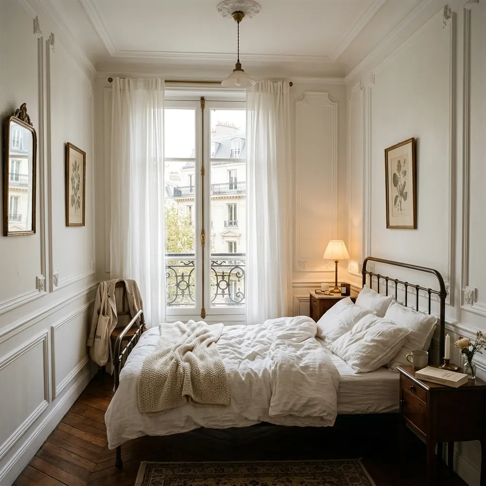 Elegant Parisian bedroom with ornate wall moldings, tall windows, and white iron bed