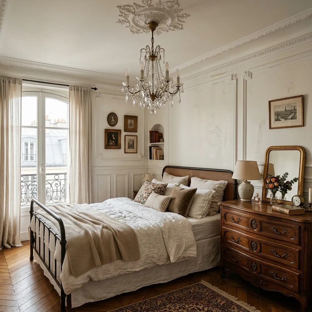 Cozy Parisian small bedroom featuring a vintage crystal chandelier and wooden dresser