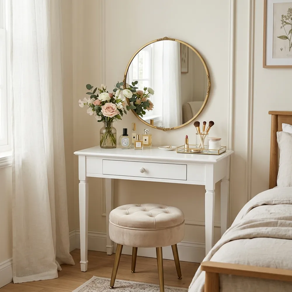 Compact white makeup vanity table styled with a round gold mirror and fresh flowers