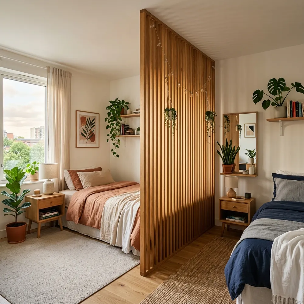 Shared bedroom sleeping zones separated by a stylish vertical wooden slatted screen
