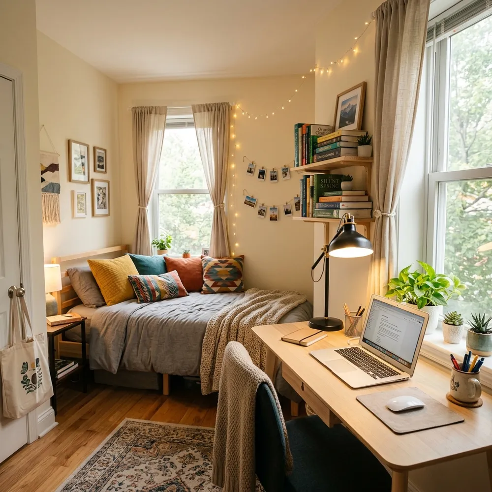 Modern city apartment small bedroom with large windows and sleek minimalist furniture