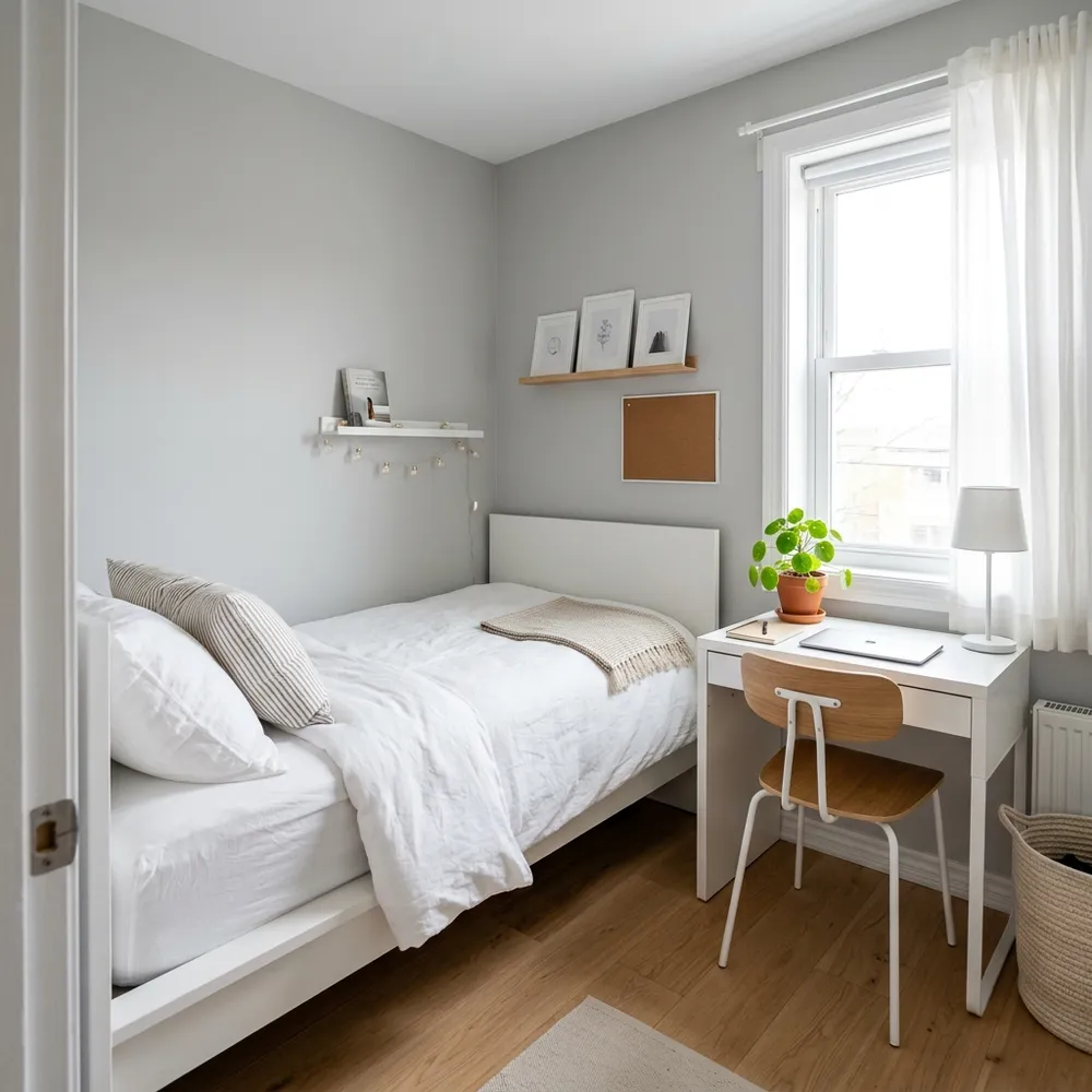 Modern city apartment small bedroom with large windows and sleek minimalist furniture