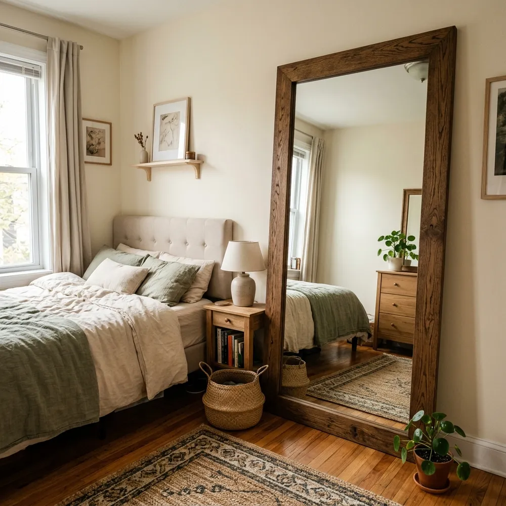 Large oak wood-framed full-length mirror leaning against the wall in a cozy bedroom corner
