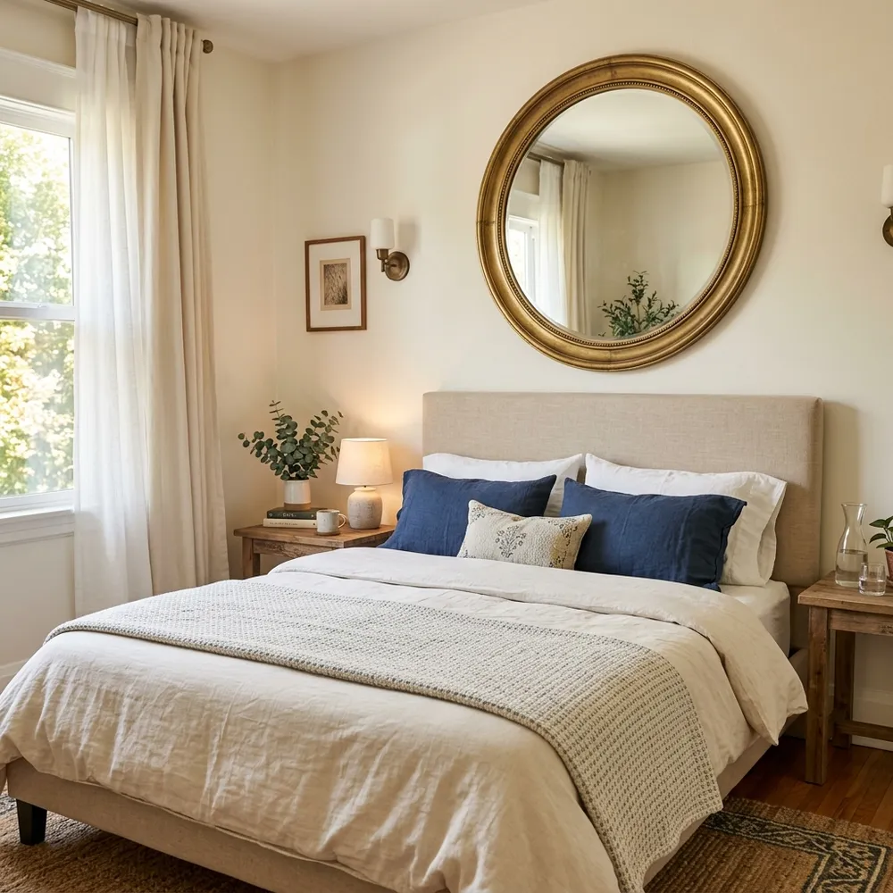 Round gold-framed mirror mounted symmetrically above a beige fabric upholstered headboard