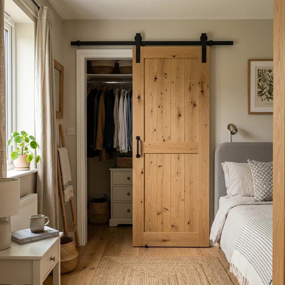Space-saving sliding wooden barn closet door with black metal tracks next to a cozy bed