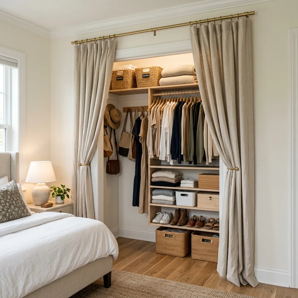 Closet doors removed and replaced with draped soft neutral linen curtains on a brass rod
