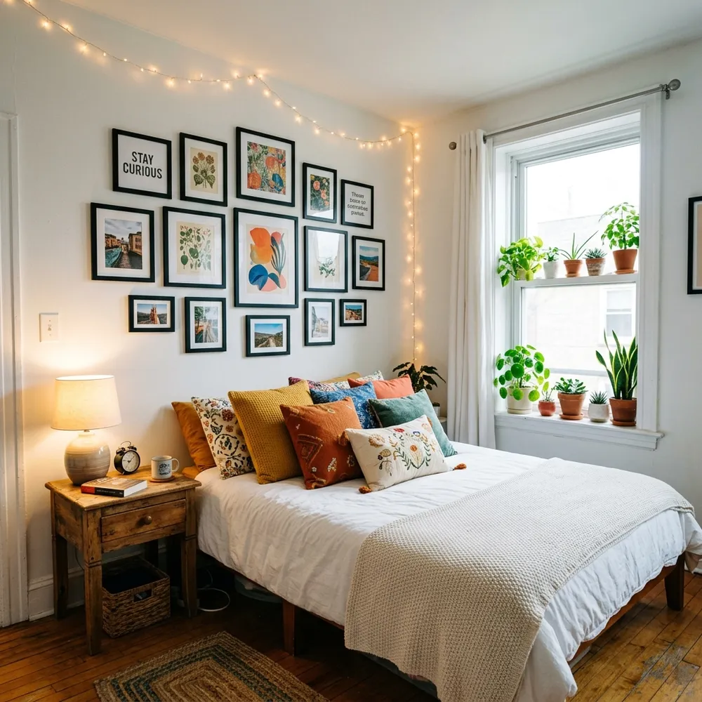 Cozy small bedroom with warm lighting, soft textiles and inviting atmosphere
