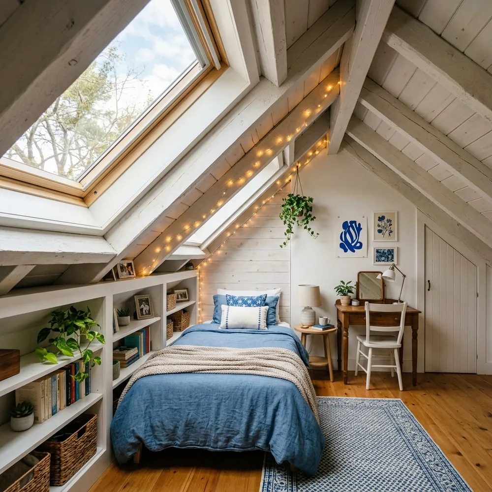 Cozy attic bedroom under sloped ceiling with skylight and built-in shelving