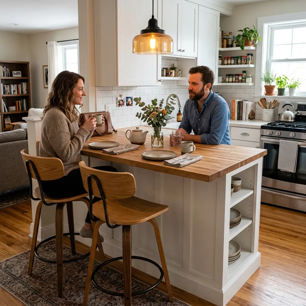 Kitchen peninsula extending into a breakfast bar with two wooden stools and cozy lighting