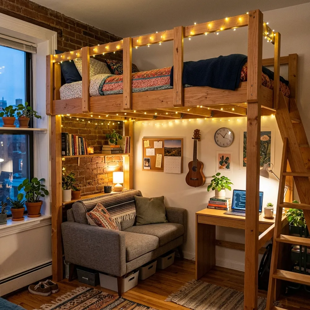 Lofted bed with comfortable grey sofa underneath in a small college apartment