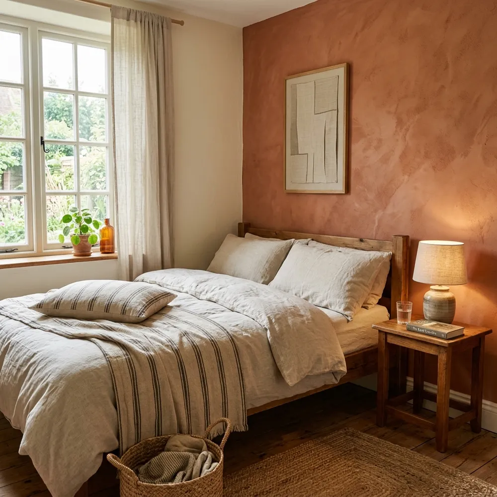 Cozy bedroom with a warm terracotta painted wall and natural linen duvet cover