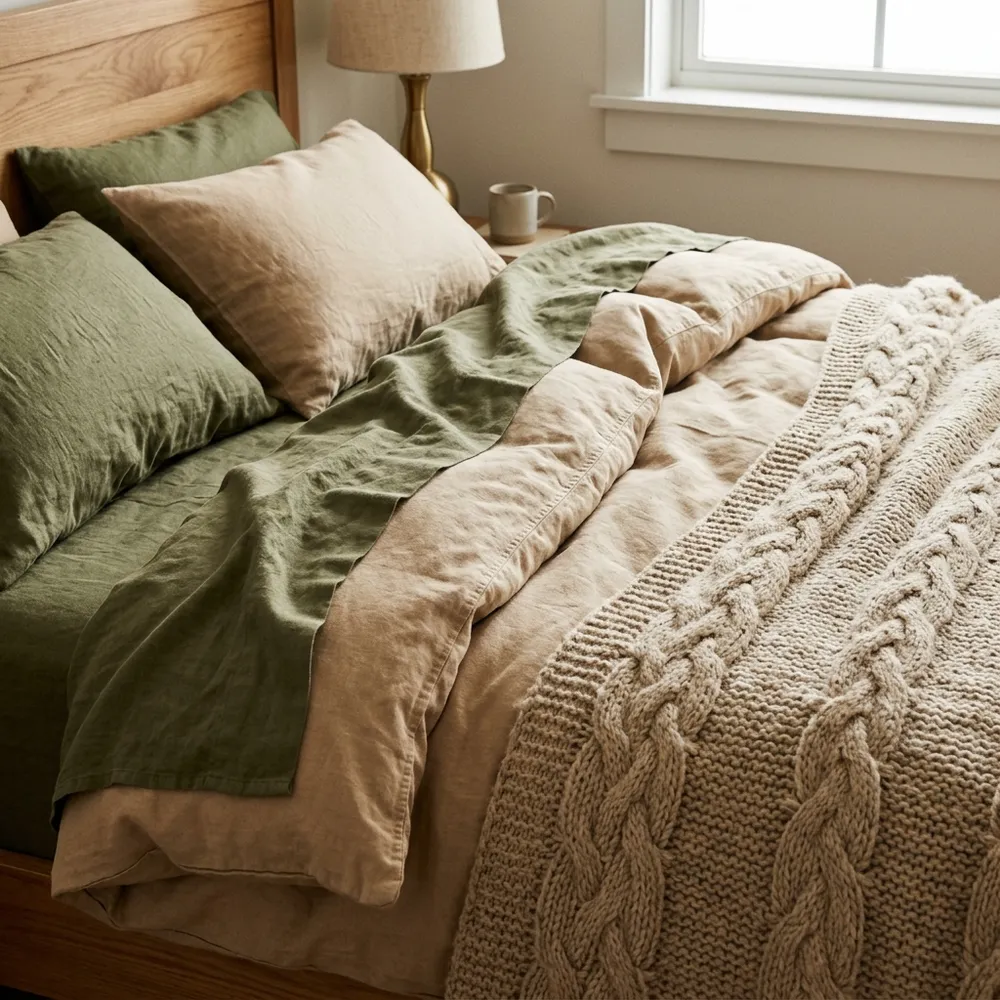 Textured bedding details featuring olive green and warm beige linen sheets