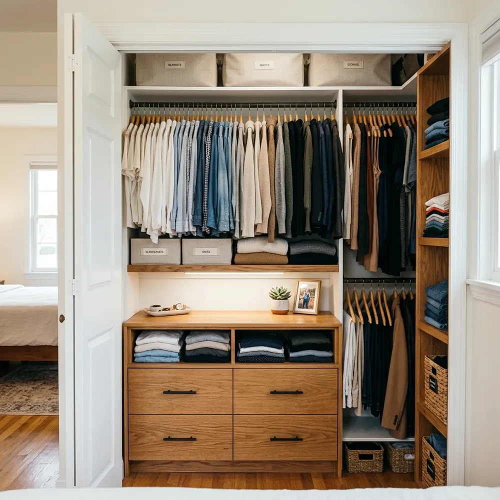 Tidy bedroom closet featuring a wooden dresser built directly inside, maximizing storage