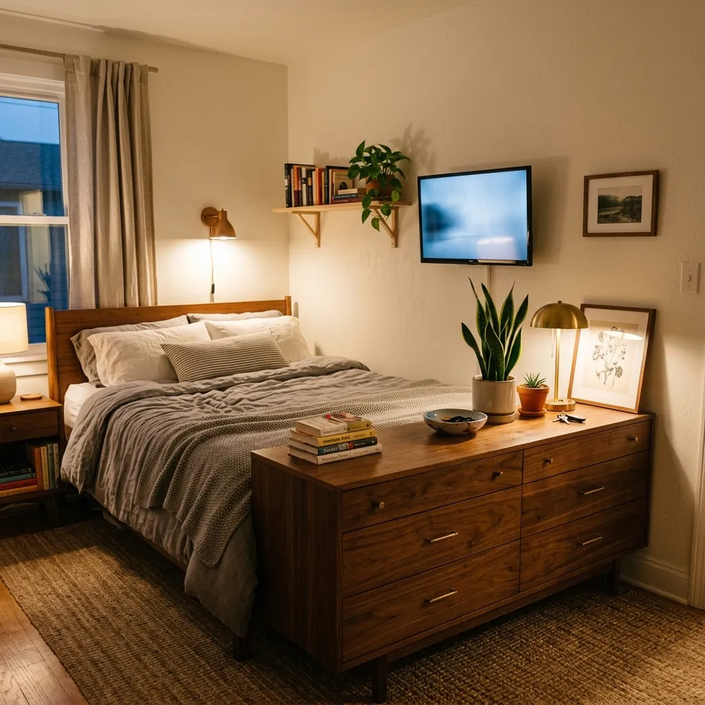 Low-profile wide wooden dresser placed at the foot of the bed with a wall-mounted TV above