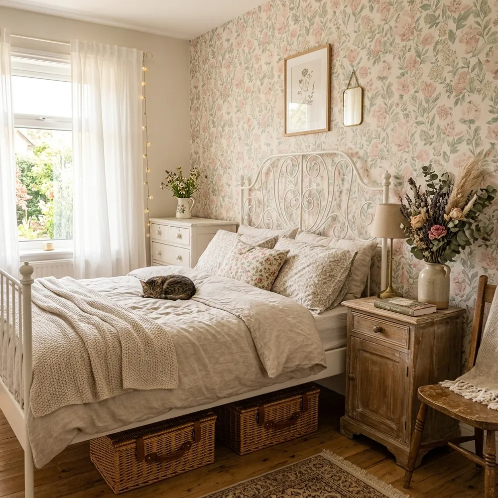 Cottagecore small bedroom with sage green accent wall and quilted bedspread