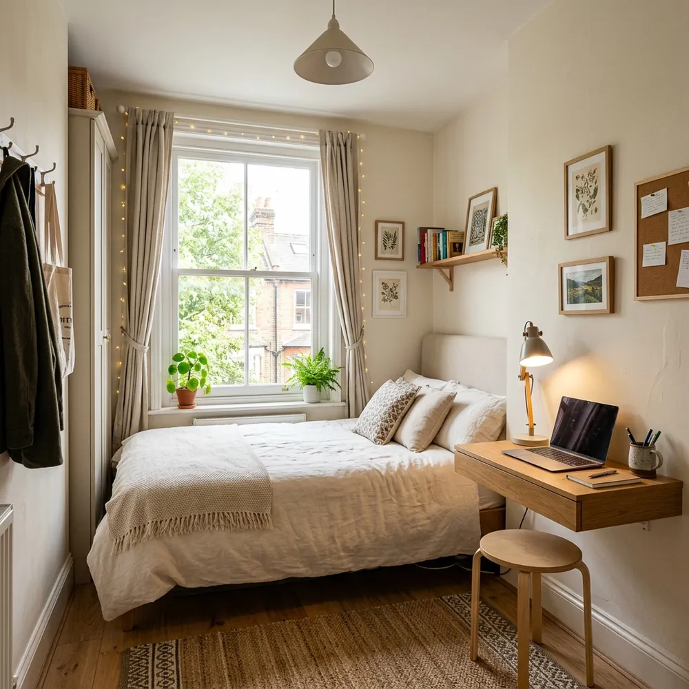 Cozy single bed placed against a bright window wall with a small floating corner desk