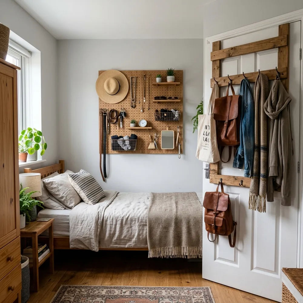 Clever bedroom door and wall storage featuring an over-the-door rack and wooden pegboard