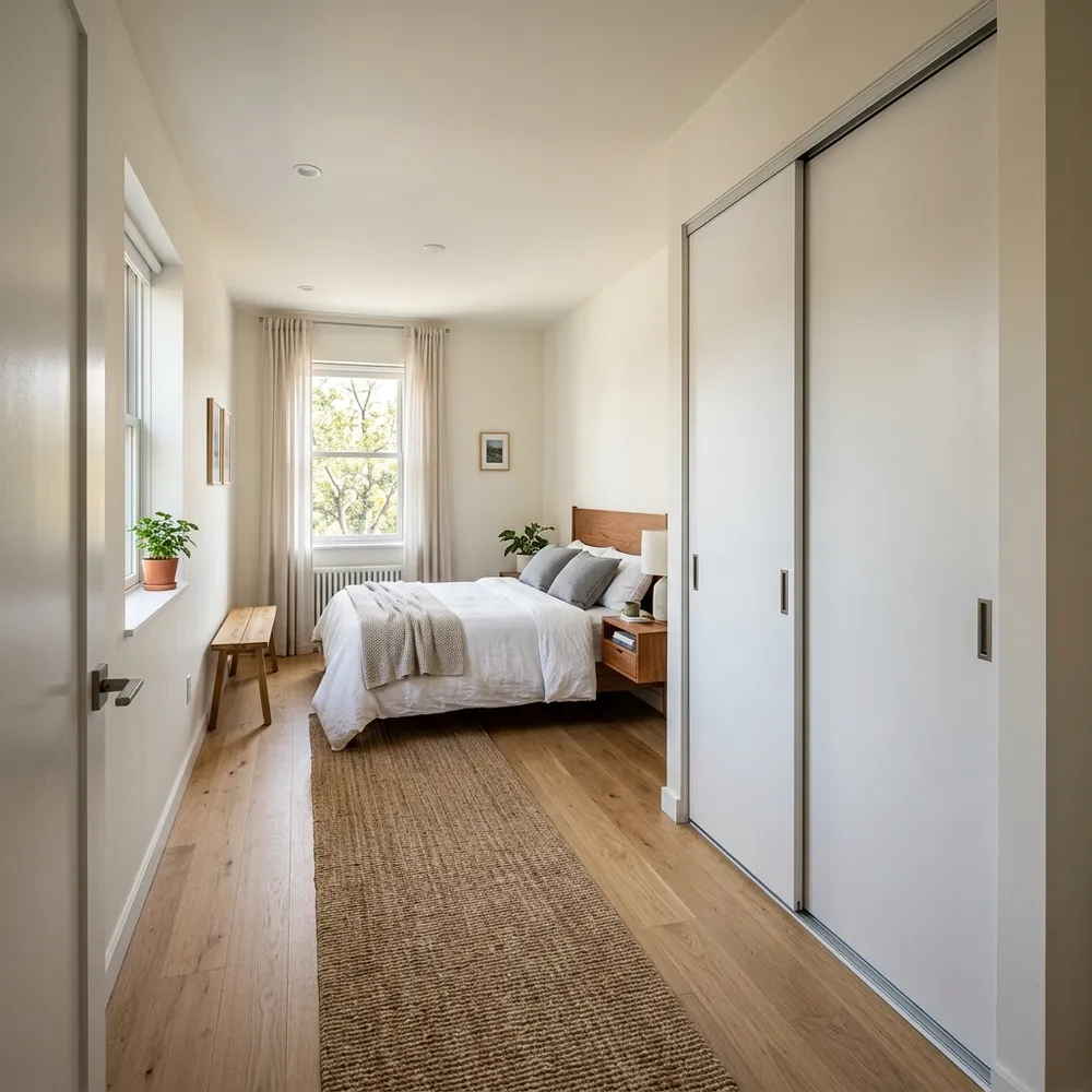 Sliding white wardrobe doors in a narrow bedroom, preserving walkway space