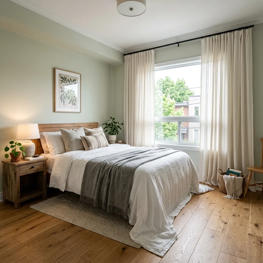 Detailed view of diy headboards ideas with upcycled vessel painting in a compact modern home.