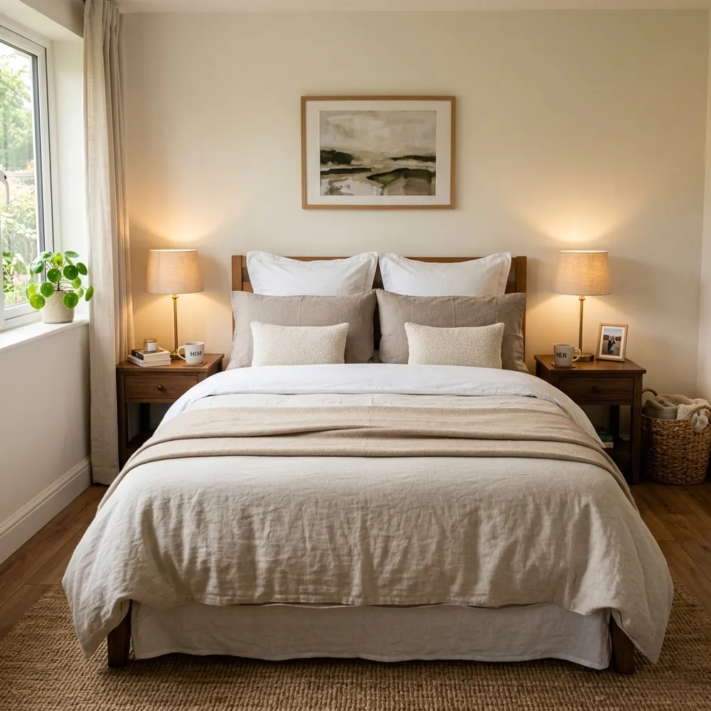 Symmetrical couples bedroom layout with a double bed and matching nightstands on both sides