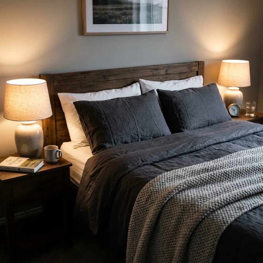 Cozy bed styled with a charcoal grey linen duvet cover and light gray textured knit throw