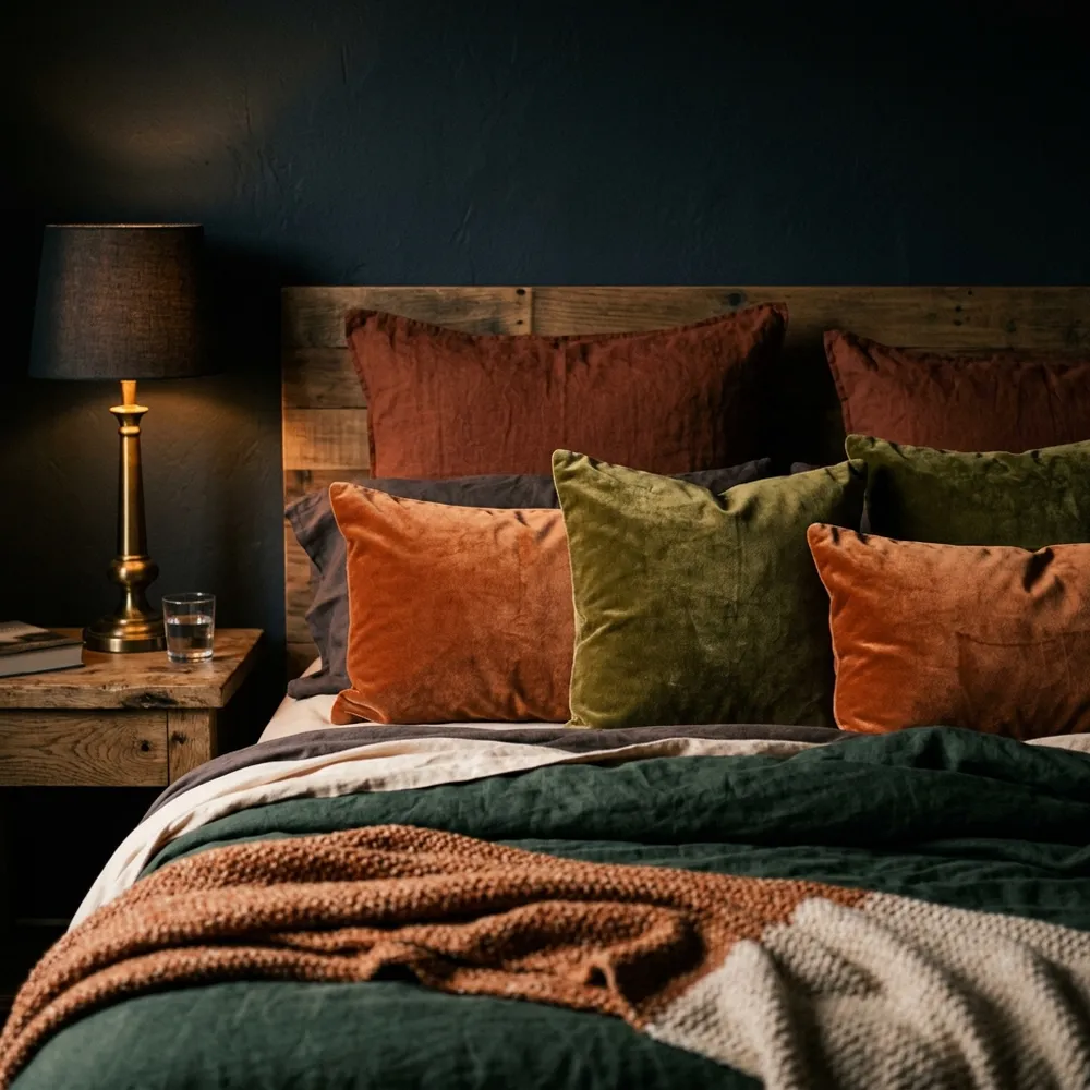 Detailed view of colors that go with clay with light-reflective paint tones in a compact modern home.