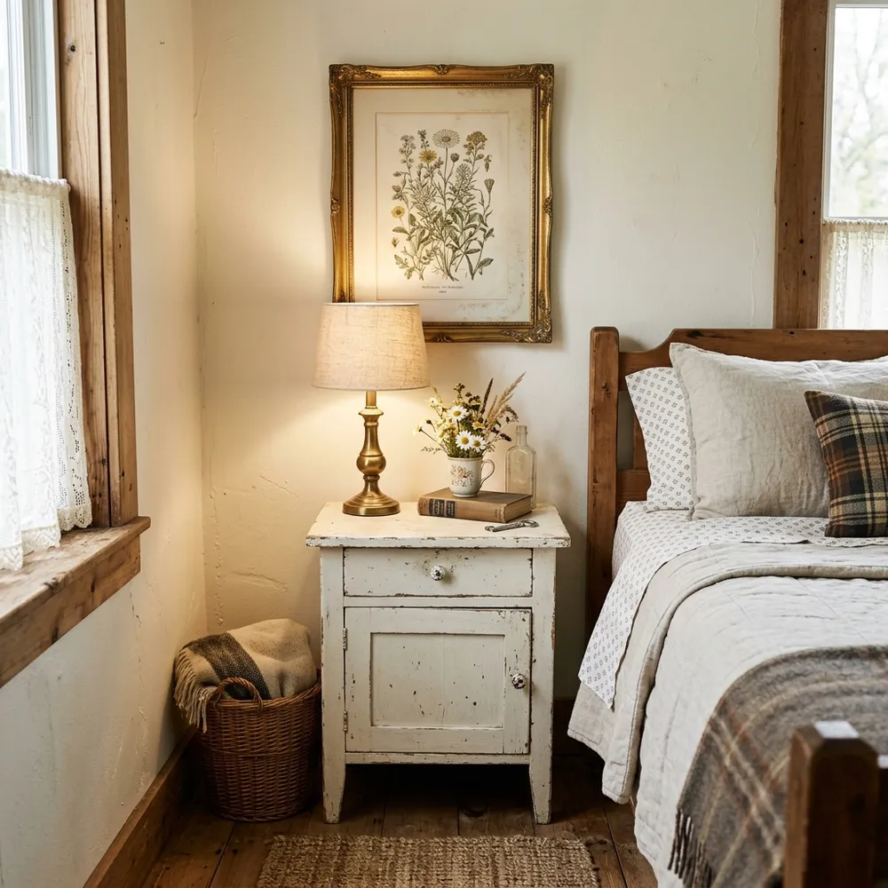 Thrifted rustic white nightstand styled with a brass lamp and a bouquet of wildflowers