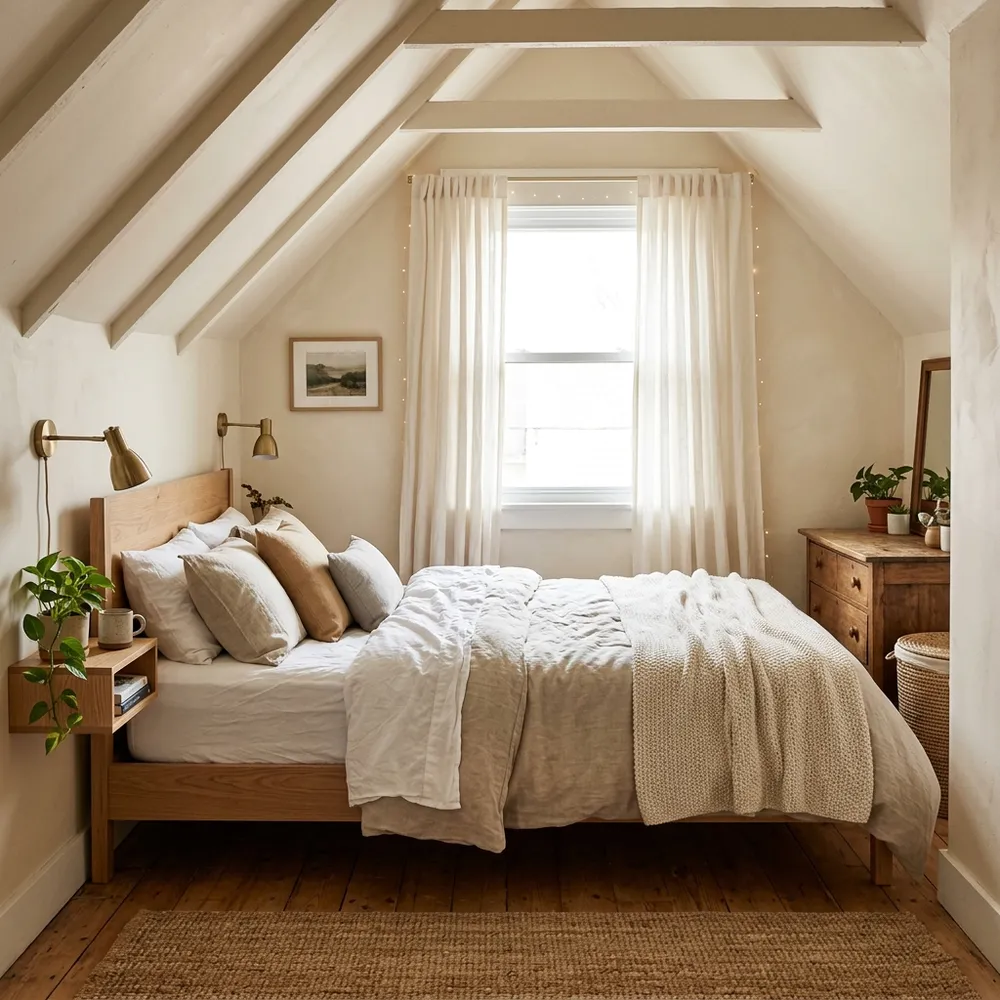 Queen bed fitting tightly but beautifully under sloped ceilings with floating wood shelf bedside