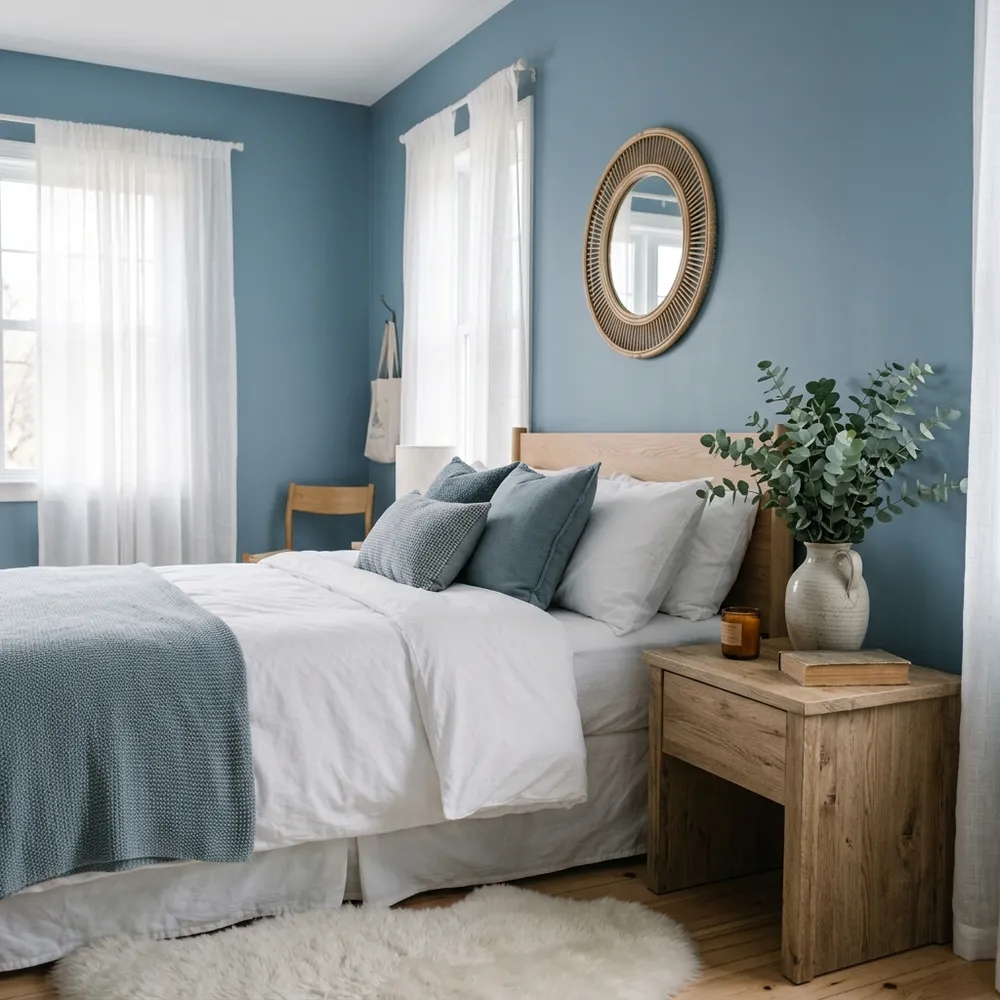 Serene small bedroom with dusty blue walls, white bedding and eucalyptus accents