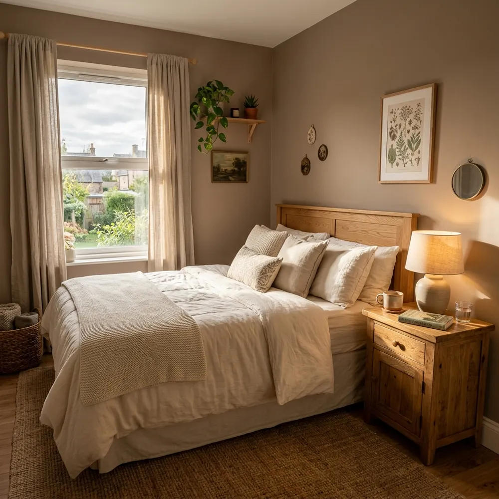 Mushroom Small Bedroom Ideas for a Calm Cozy Look featuring cozy design and layout