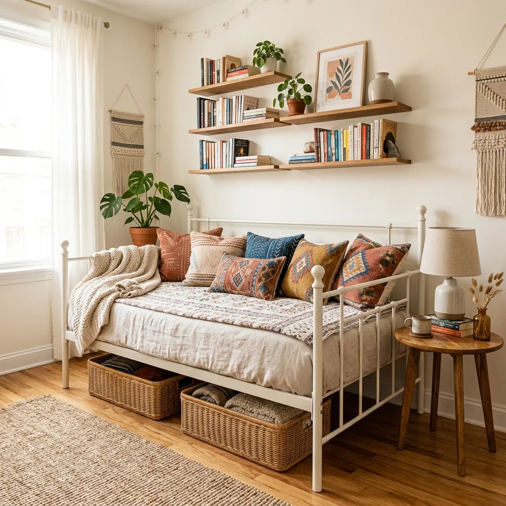 Small bedroom with daybed positioned against wall and floating shelves above