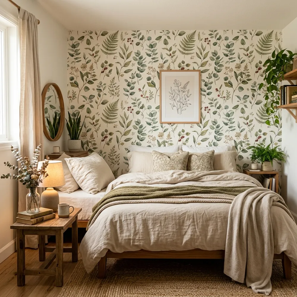 Cozy small bedroom featuring a botanical print peel-and-stick wallpaper accent wall