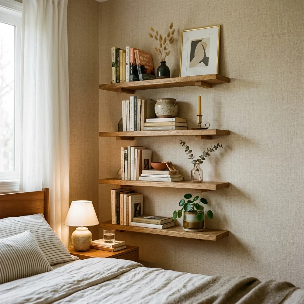 Floating wooden shelves backed with elegant textured beige linen peel-and-stick wallpaper