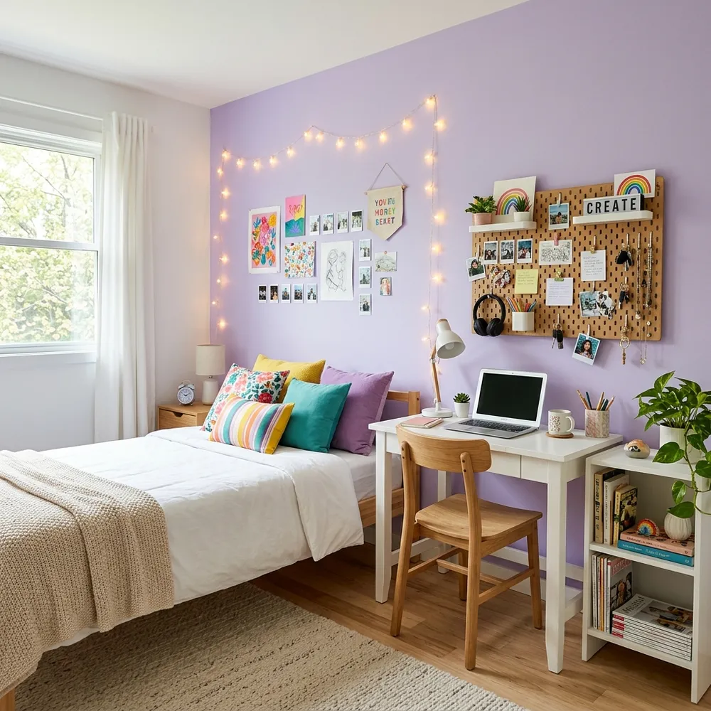 Teen bedroom makeover with colorful accents and organized desk