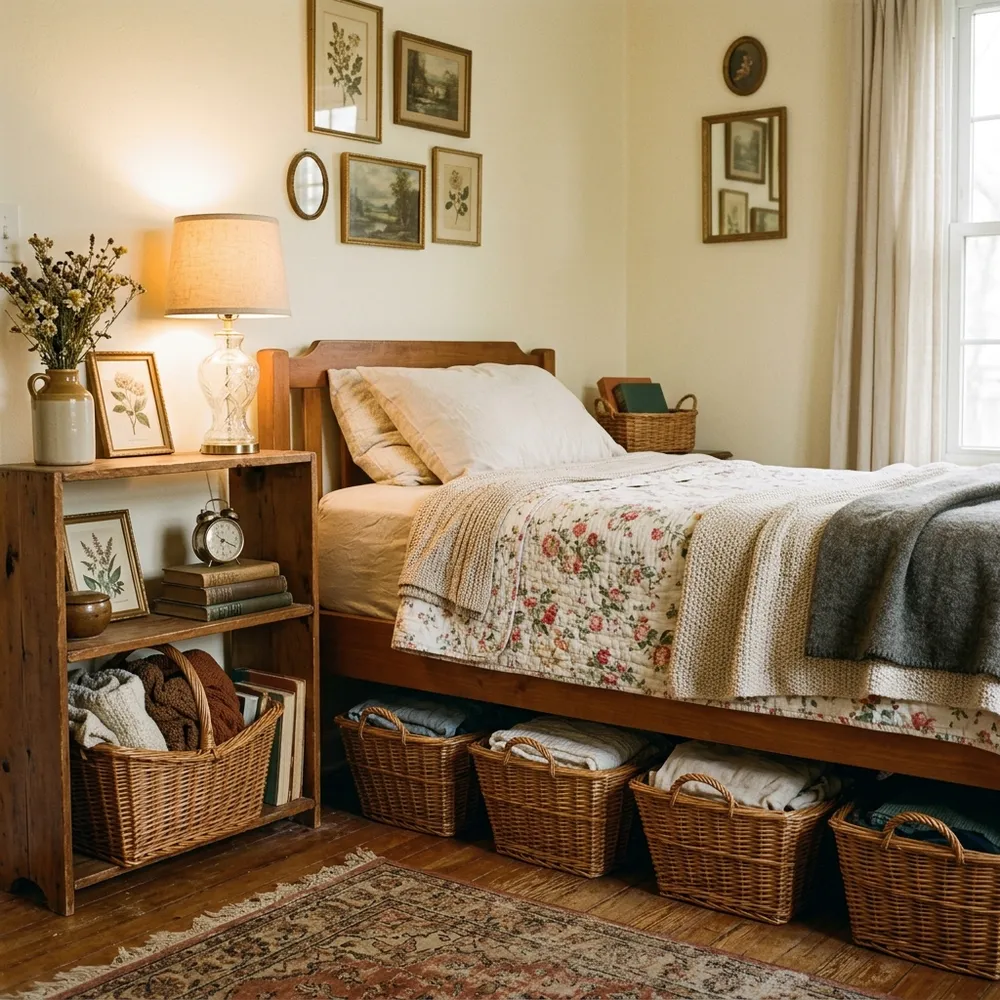 Under-bed storage styling featuring matching thrifted wicker baskets under a wood bed frame