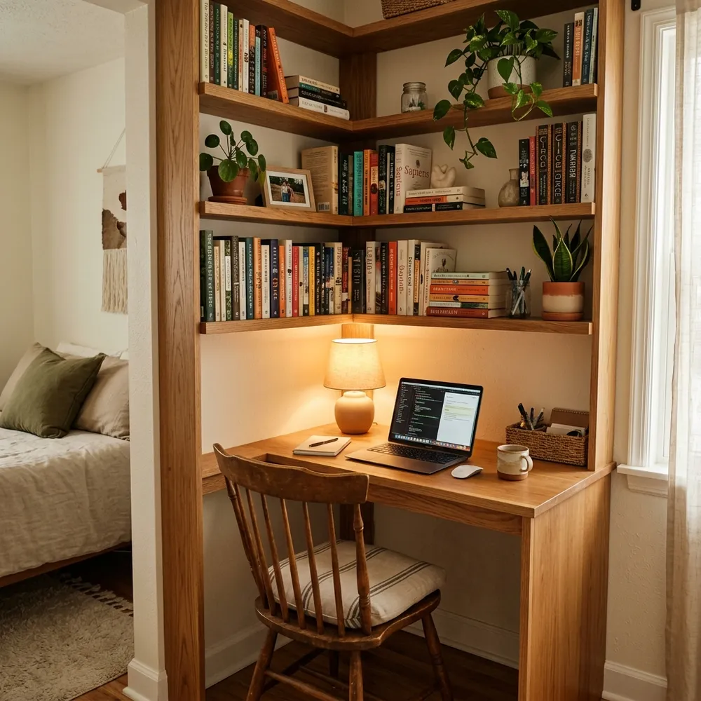Bespoke built-in shelving unit displaying curated designer books, ceramic vases, and integrated warm LED strip lighting.
