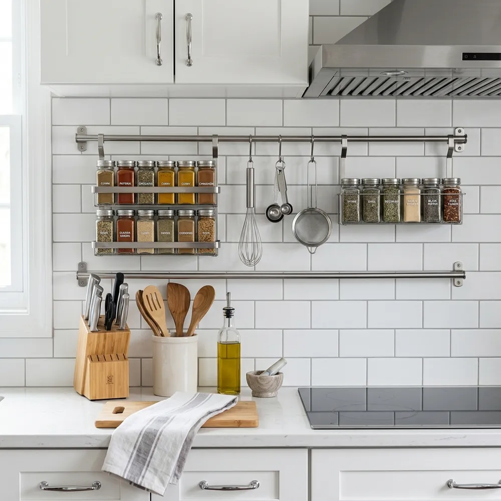 Stainless steel kitchen wall rails holding hanging spice racks and jars in an organized backsplash