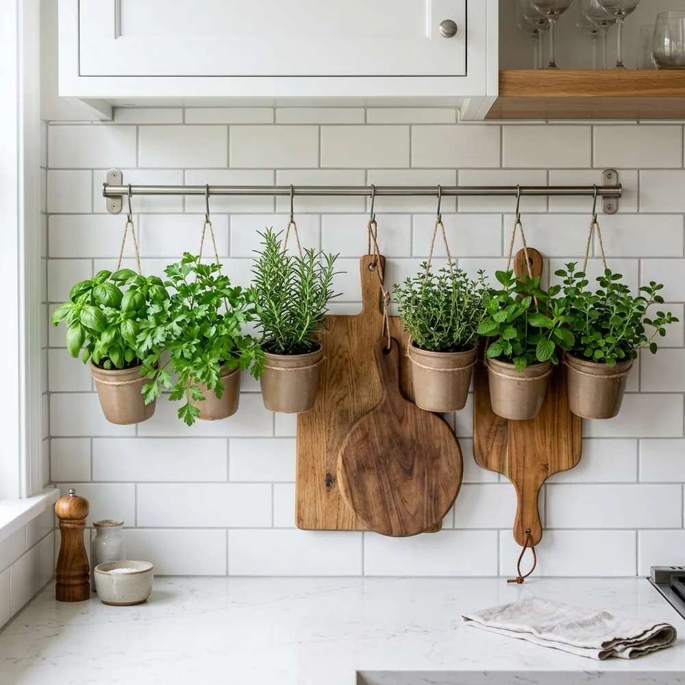 Kitchen wall rails holding hanging pots of fresh green herbs and wooden cutting boards