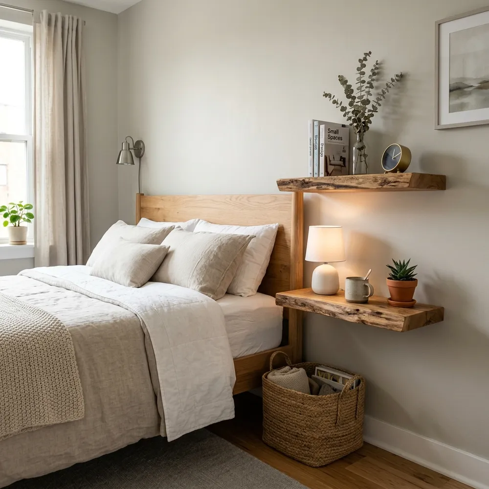 A close-up of open kitchen shelves styled with thrifted ceramic crocks, vintage cookbooks, and warm brass accents.